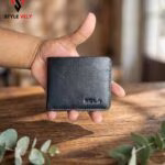 Black leather bifold wallet front view