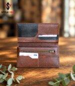 Bifold long wallet for men open showing card slots and bill compartment