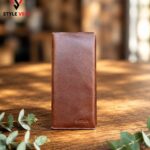 Heritage brown leather long wallet front view