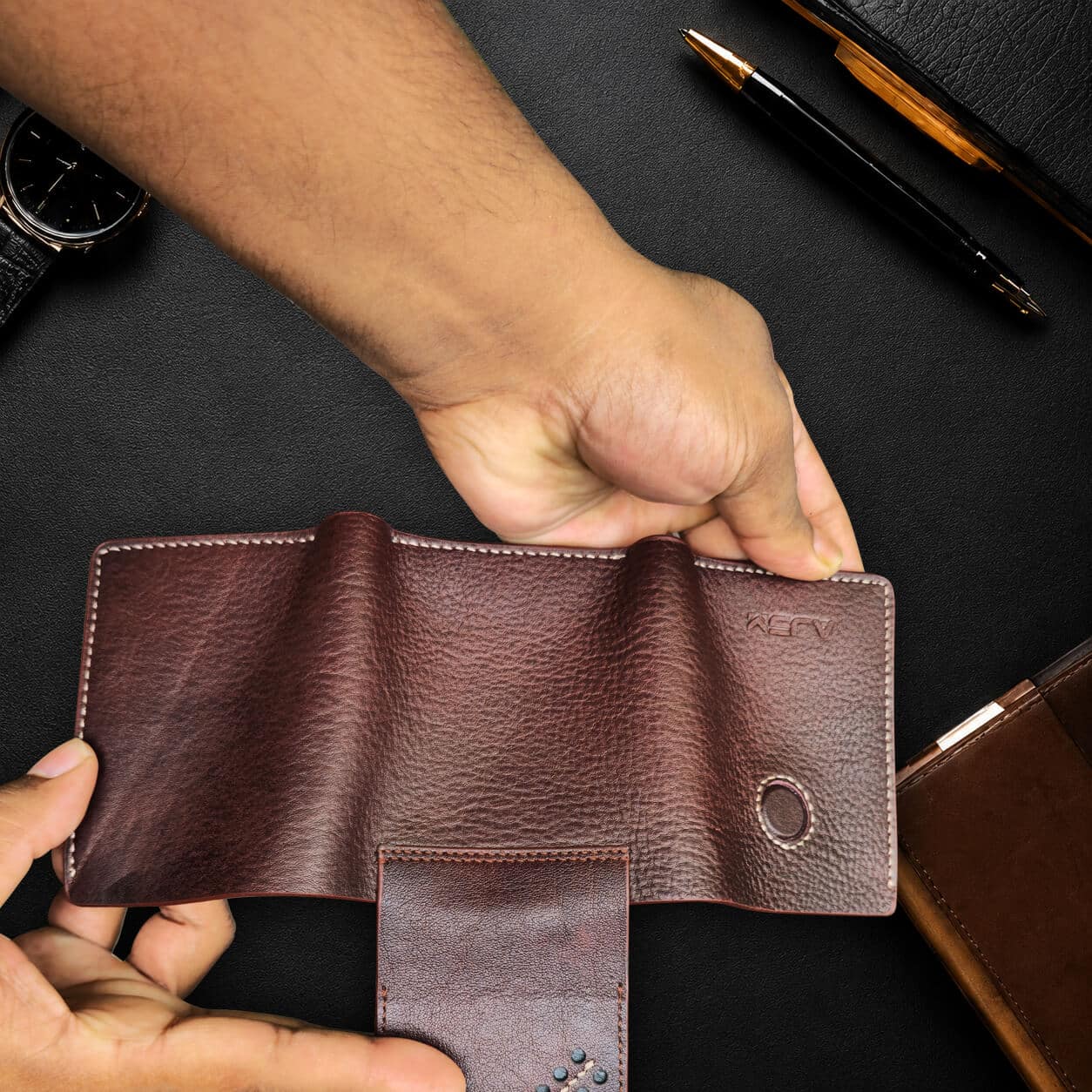 Trifold Wallet with Red Stitching