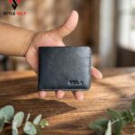 Black leather bifold wallet front view