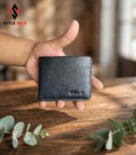 Black leather bifold wallet front view